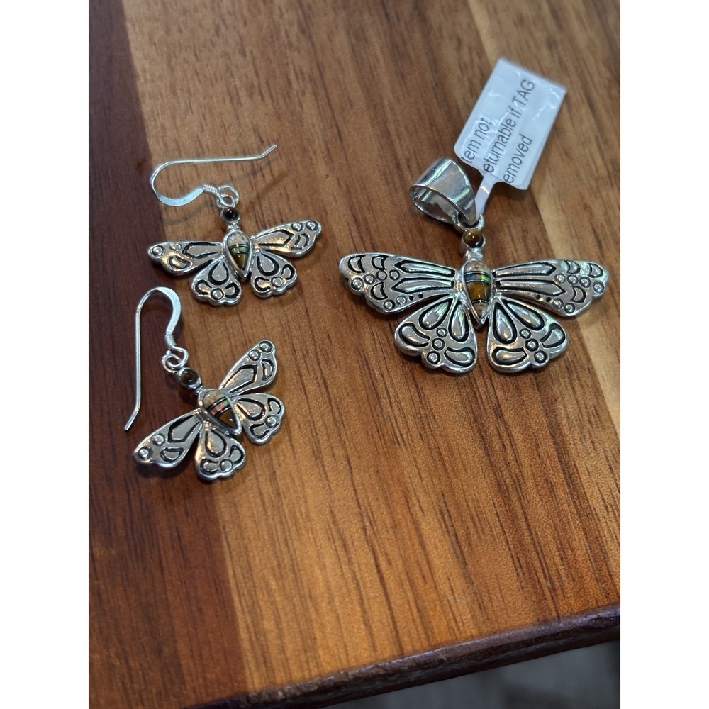Sterling Silver Inlaid Butterfly Pendant And Earrings